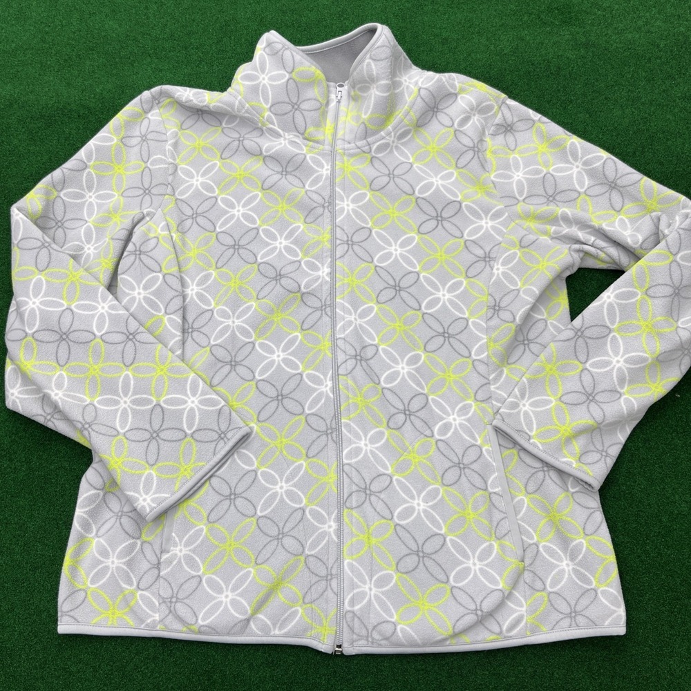 Old Navy Fleece Full Zip Sweater Jacket Gray Green White Floral Womens Size XL